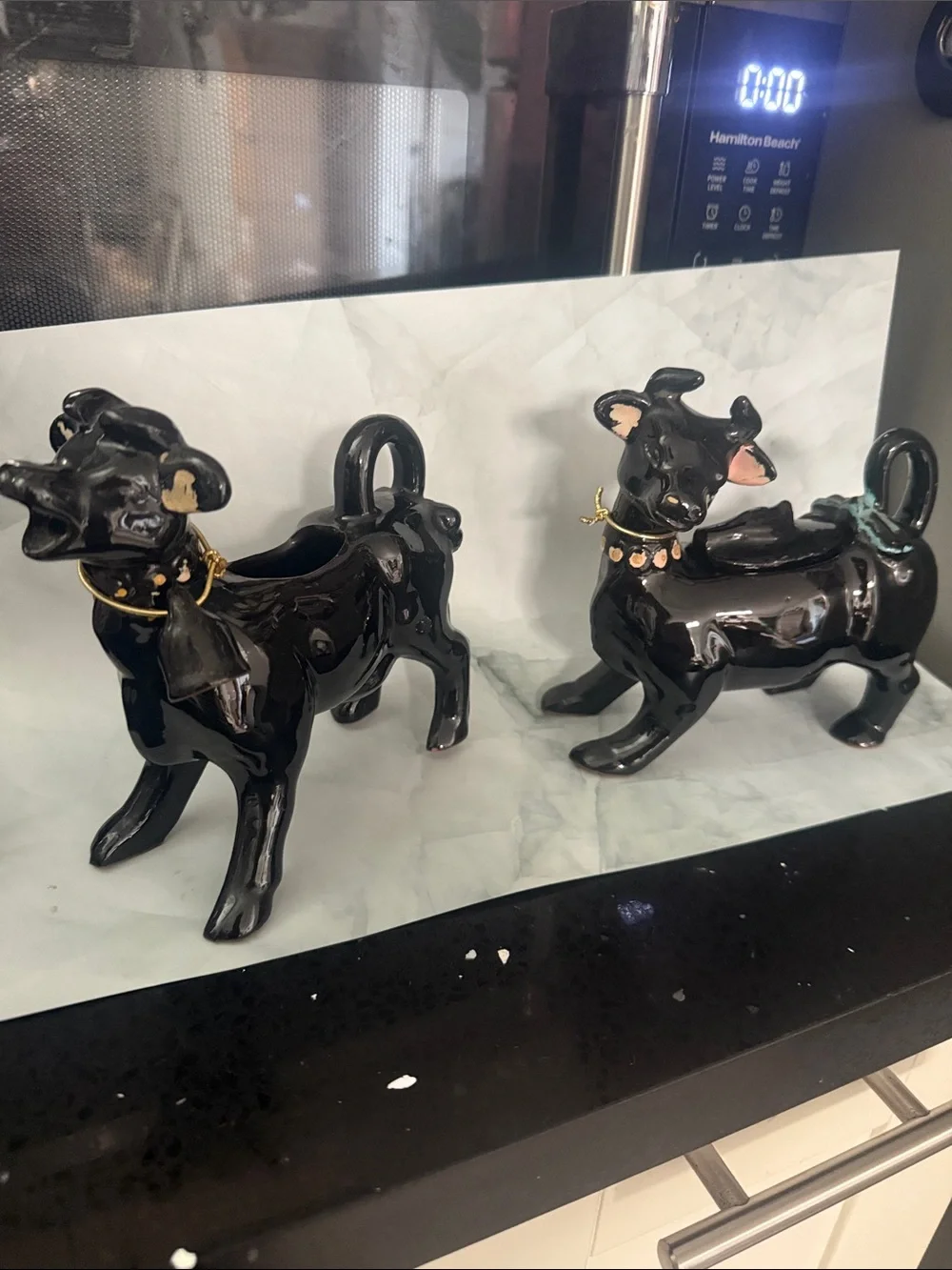 Vintage Black Ceramic Cow Sugar and Creamer -7”